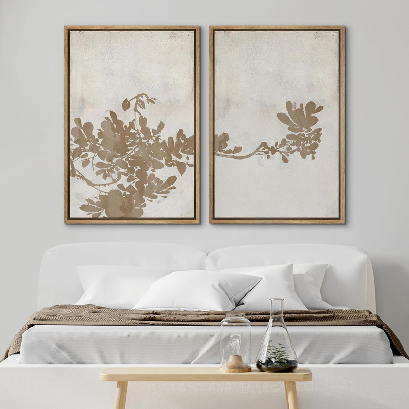 Leaves "Distressed Tan Brown Neutral Artwork, Classic Minimalist Wall Pictures, Framed Canvas Giclee Print 2 Pieces Wall Art Set" 16x24x2 pcs, 24x36x2 pcs