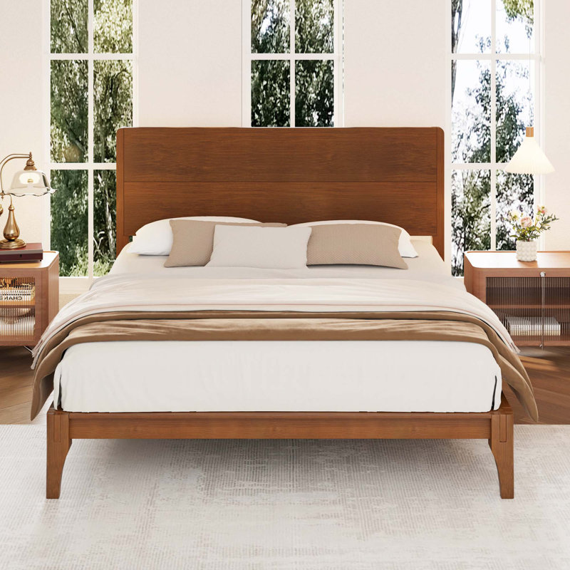 Mid-Century Bamboo Wood Platform Bed, Brown, Queen