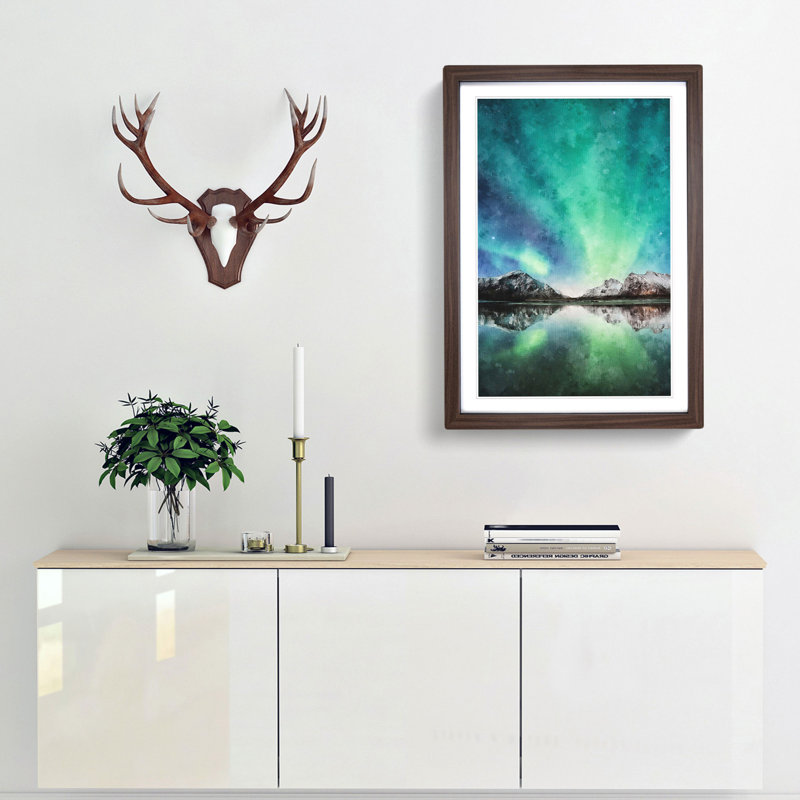 Northern Lights over Skagsanden Beach - Picture Frame Graphic Art Print, Walnut Framed, 33cm H x 24cm W x 2cm D