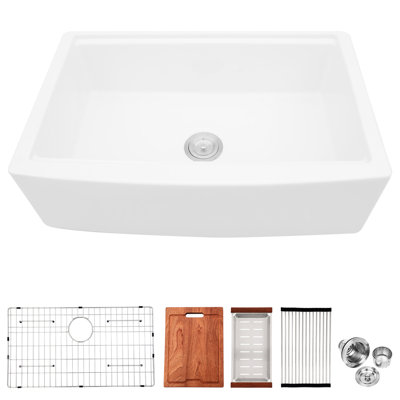 White Ceramic 33" Kitchen Sink Workstation - Construction, Resistance To And Scratches, Space Ledges, Stain- Surface, Deep Basin Sink, Includes Dish Grid, Basket Strainer, Cutting Board, Drain 33