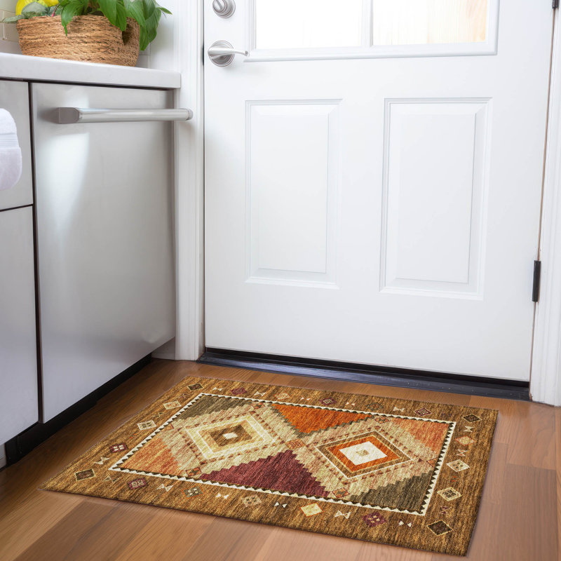Premium Machine Washable Yamen AMF177 Blue 1'8" x 2'6" Rug in , Brown, Rectangle 1'8" x 2'6"