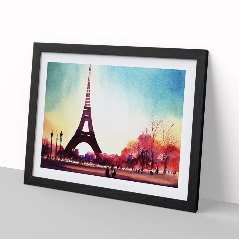 Eiffel Tower In Watercolour Vol.1 - Single Picture Frame Painting, 46cm H x 64cm W x 2cm D, Black 