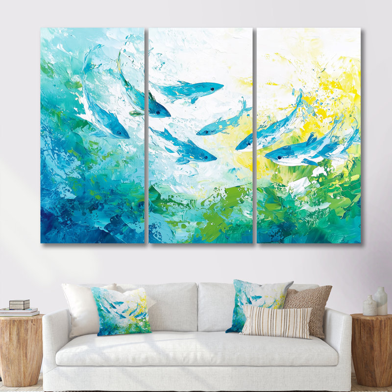 Abstrait requins nageant - ensemble de reproduction d'art mural requin, H 28 po x l 36 po, Toile tendue, Ne s’applique pas