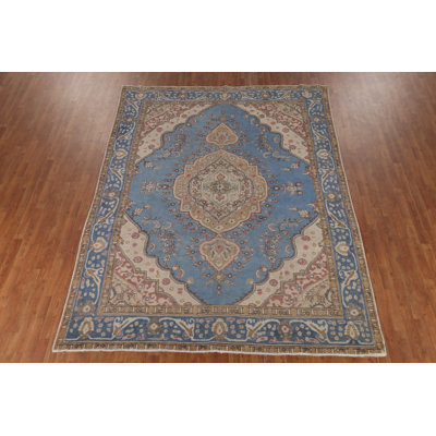 Tapis bleu clair à motif géométrique traditionnel 8 x 11