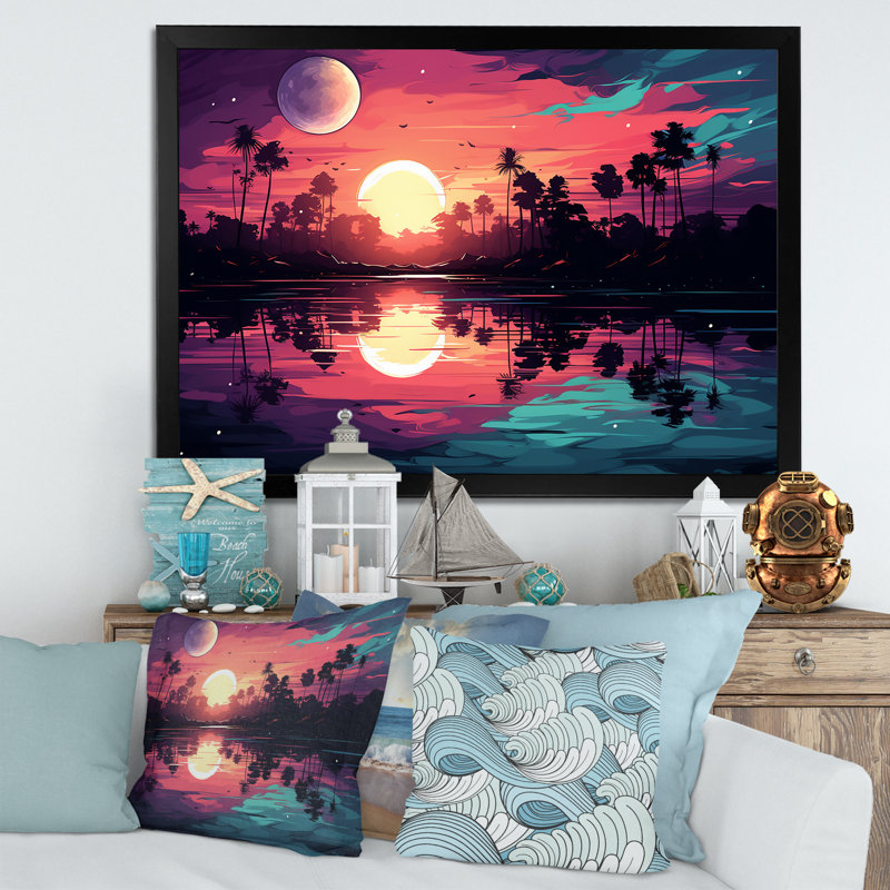 Mauve coucher de soleil audacieux - art mural coucher de soleil côtier, Cadre d'angle fermé noir, H 16 po x l 32 po x P 1 po