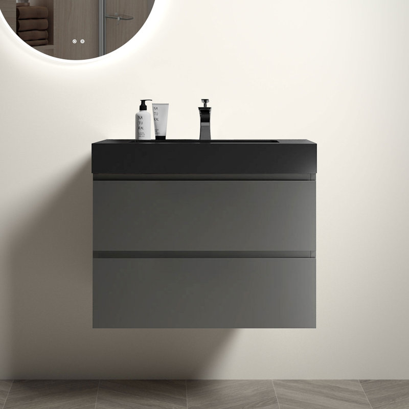 Meuble-lavabo de salle de bain flottant mural, Noir, Gris
