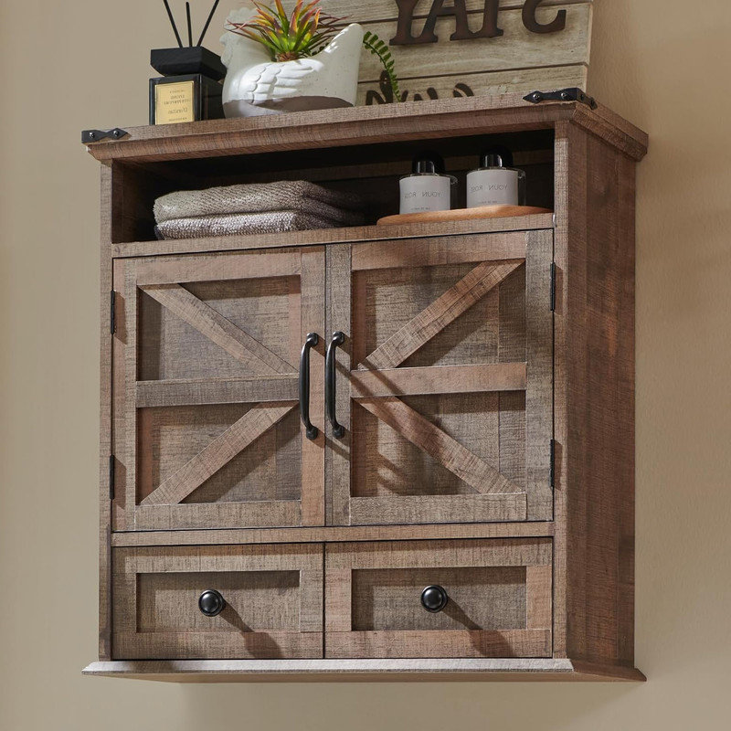 Rustic Brown Farmhouse Bathroom Wall Cabinet with Barn Doors