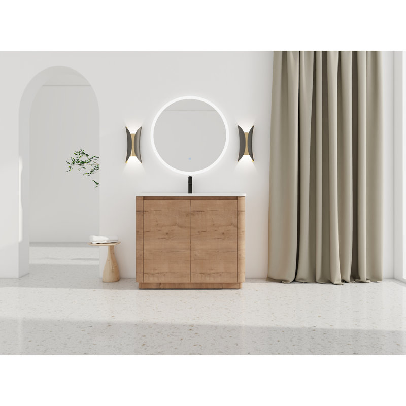 Meuble-lavabo autoportant de 40 po avec lavabo en céramique blanc, 2 portes à fermeture en douceur, base en contreplaqué, aspect contemporain, surface lisse, charnières à tablettes réglables, 45 poignées à bord incliné, contreplaqué,