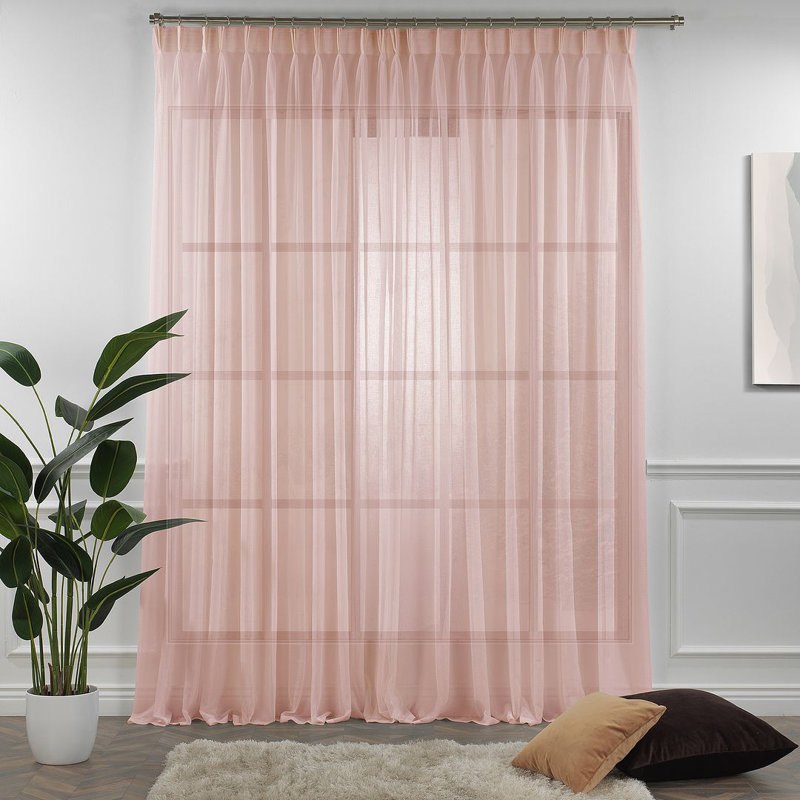 Triple Pinch Pleated Extra Long and Extra Wide Faux Linen Sheer Single Panel, Pink, 26" W x 192" L