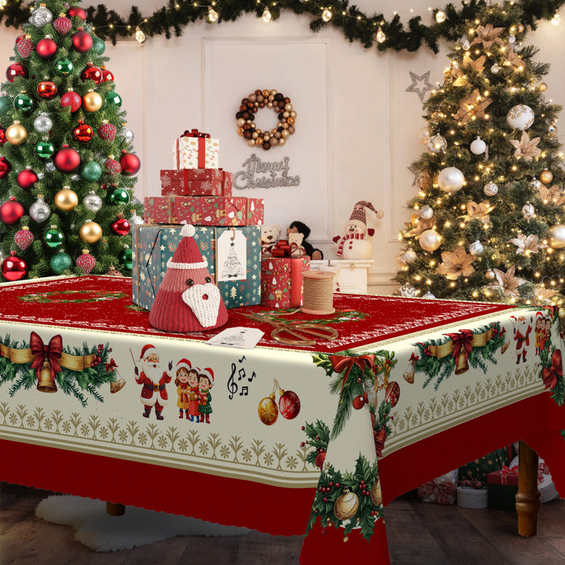 1pc round/rectangular polyester Lethea, Christmas Lethea with pine, snowman, truck, embosed edge, Christmas decorations for dining table, festival party holiday table decoration, perfect festival gift