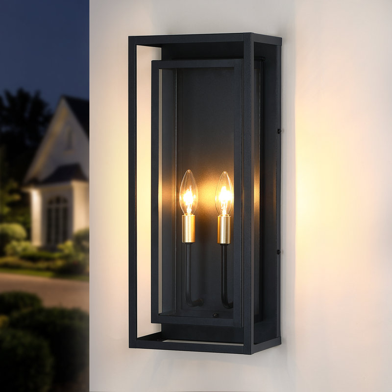 20" Classical Outdoor Wall Light With Glass Shade, Rectangular Wall Sconce In Matte Black，Waterproof
