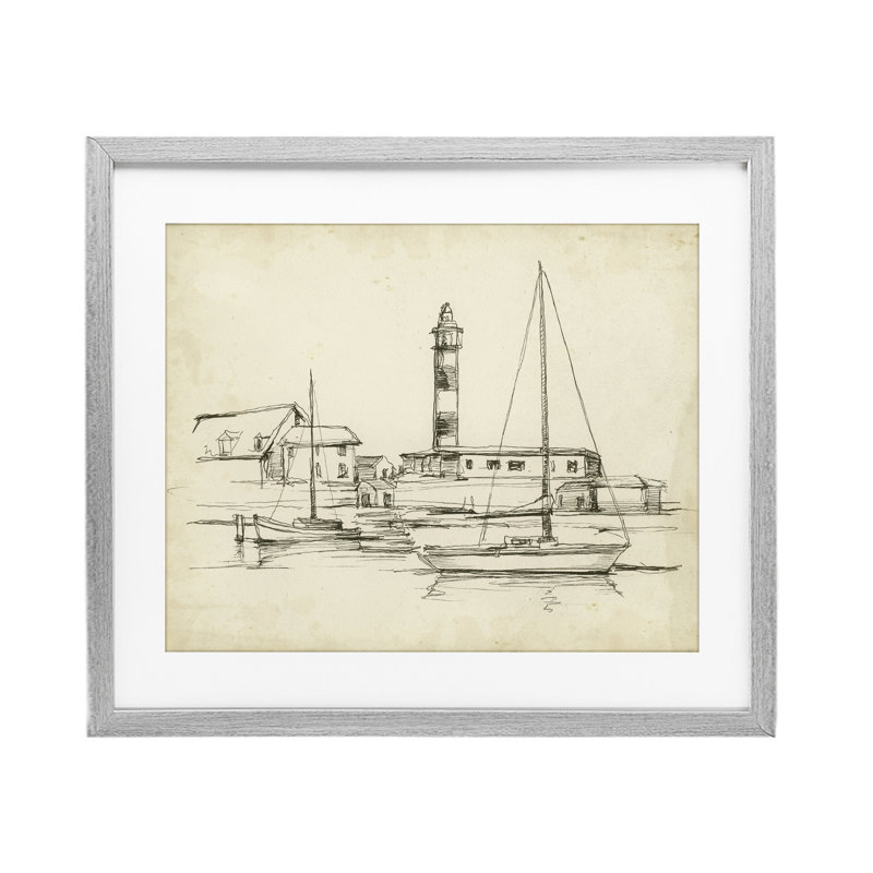 Étude de phare antique, reproduction sous verre encadrée, conception par Ethan Harper, Cadre de ferme gris, H 13 po x l 16 po