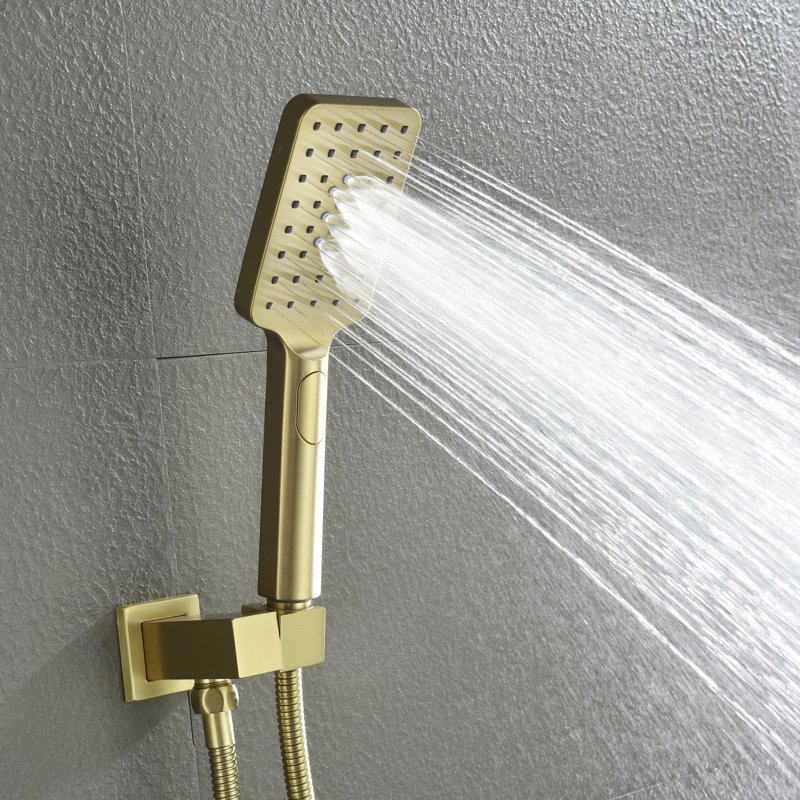 10" Pressure Balanced Rain Shower Head with Hand Shower, Solid Brass Complete Shower System with Rough-in Valve, Brushed Gold