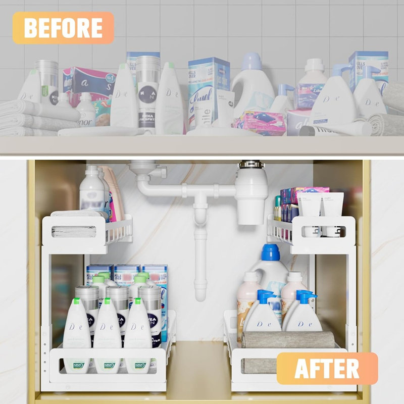2-Pack 2-Tier Under Sink Pull-Out Organizer, Heavy-Duty Metal Sliding Storage For Kitchen Or Bathroom