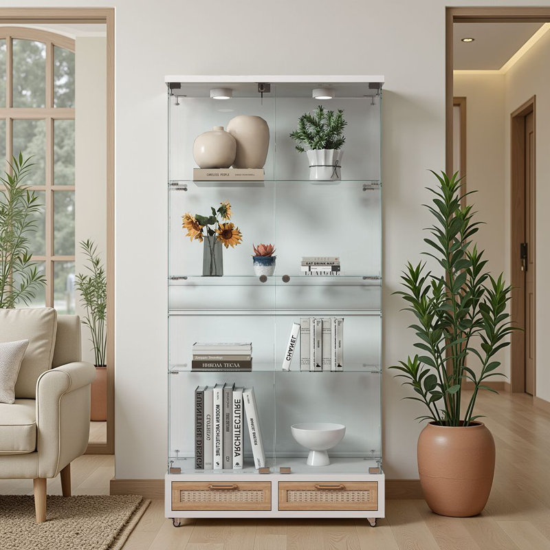 Vitrine en verre H 65,8 po Hollandale, bibliothèque avec DEL 13 couleurs et 2 tiroirs, Naturel / Blanc