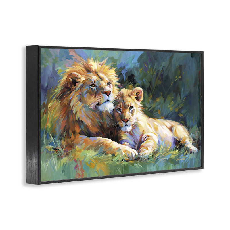«Lion's Embrace», estampe numérique par Leon Devenice, H 12 po x l 18 po, Giclée encadrée noir minuit