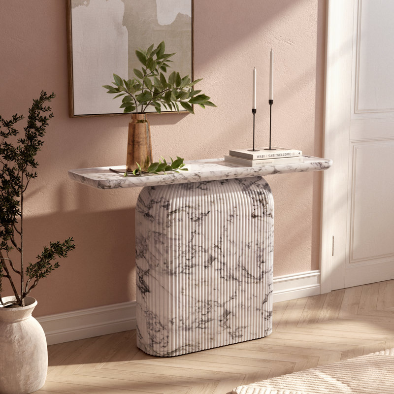 Capri Console Modern Hallway and Sofa Accent Table No Assembly Required Entryway with Ribbed Base, Faux White Marble