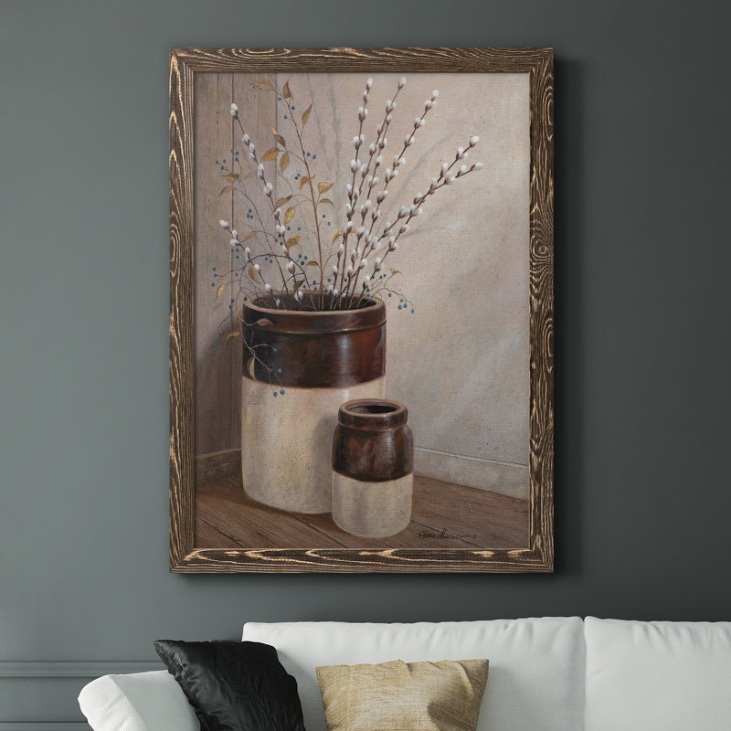 Peinture sur toile, "Pussywillows and Spring", Encadré de bois de noyer, H 37,5 po x l 27,5 po x P 1,5 po
