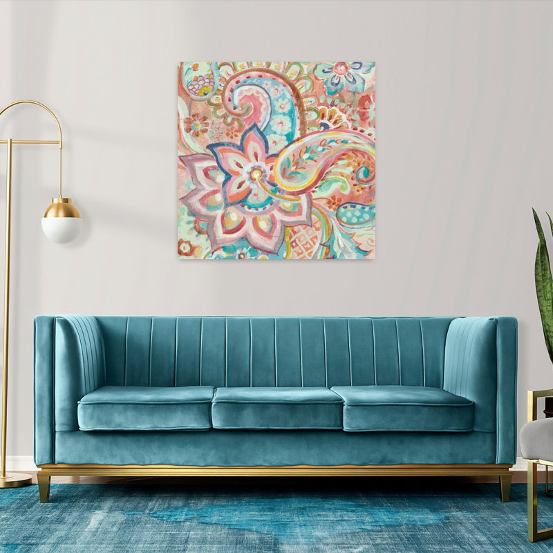 Cachemire bohémien à gogo avec art abstrait bleu, H 36 po x l 36 po