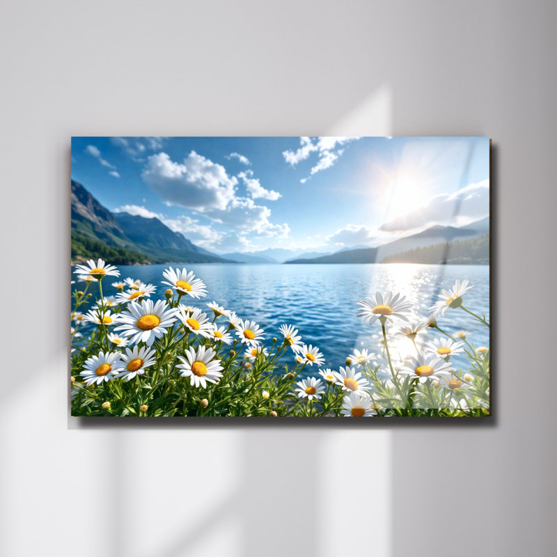 Art mural en verre "Daisies by the Lake", 30" H x 40" W