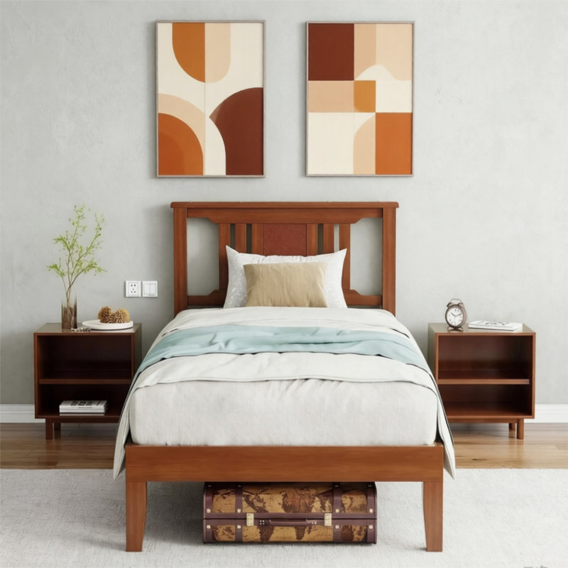 Lit plateforme en bois massif avec tête de lit Loronda Mid Century, Lit simple, Brown