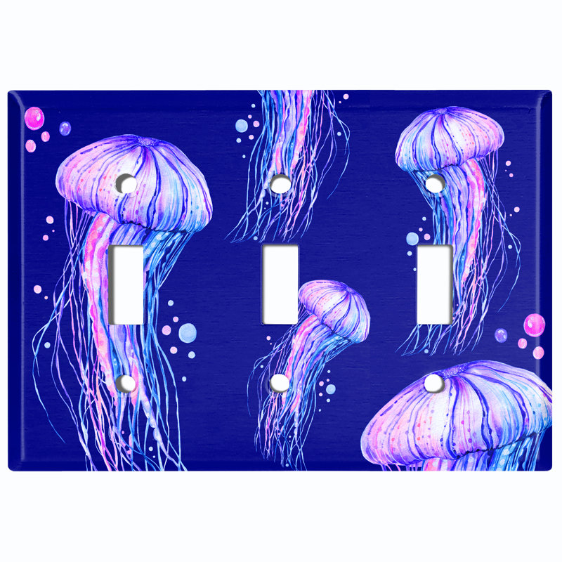 Jelly Fish Pink Party Dark Blue Nautical & Beach 3 - Gang Toggle Light Switch Standard Wall Plate