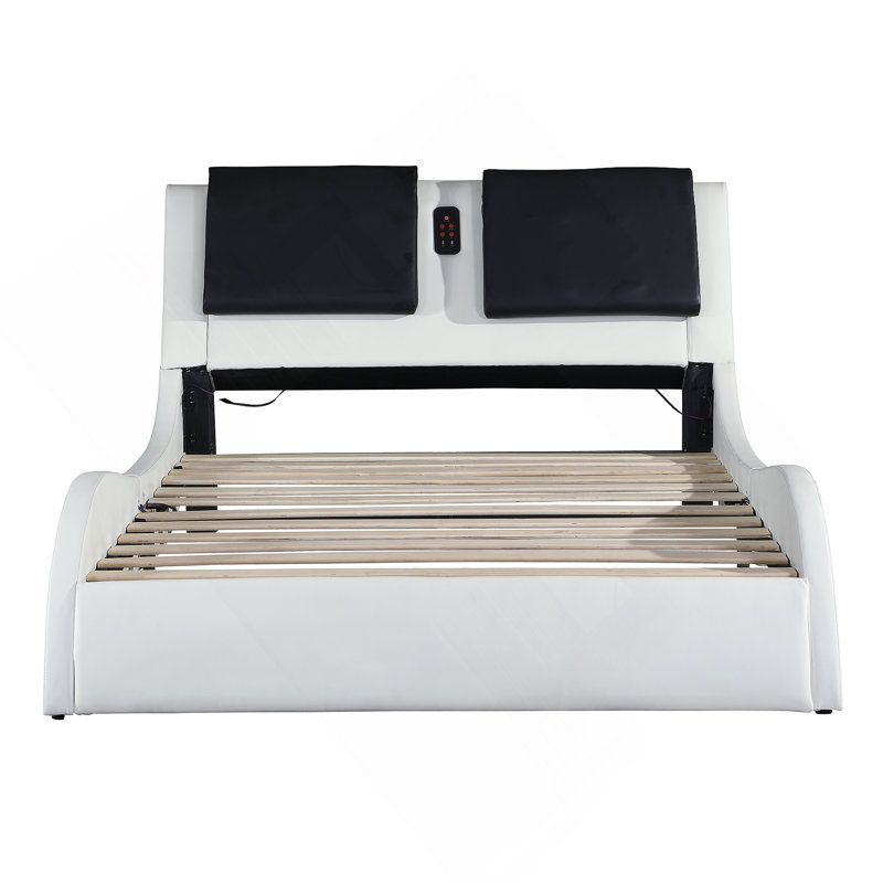 Faux Leather Upholstered Platform Bed Frame with led lighting ,Bluetooth connection to play music /RGB control,Backrest vibration massage,Curve Design, Wood Slat Support, No Box Spring Needed