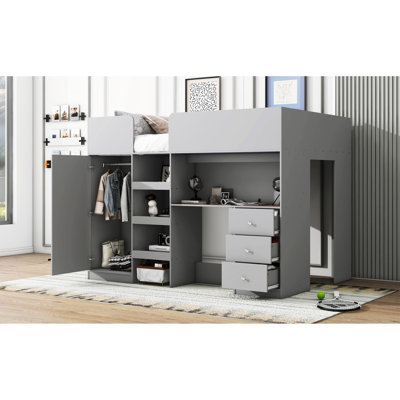 Lit mezzanine en bois gris avec garde-robe, bureau, tablettes de rangement et tiroirs profonds