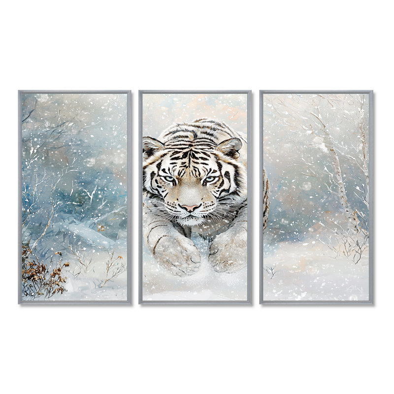 Tigre du Bengale blanc en hiver I - ensemble d'art mural tigre, H 28 po x l 36 po, Reproduction avec cadre flottant