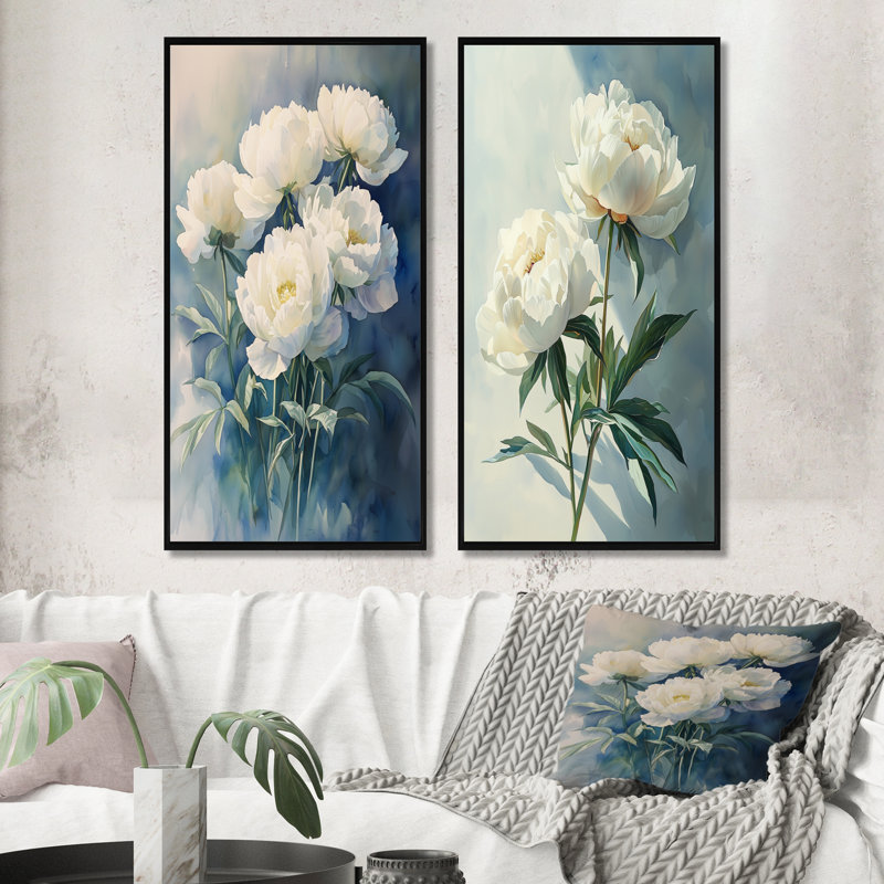 Pivoines aqua et ombres géométriques I - collection d'art mural floral 2 panneaux, H 32 po x l 33 po, Cadre flottant noir