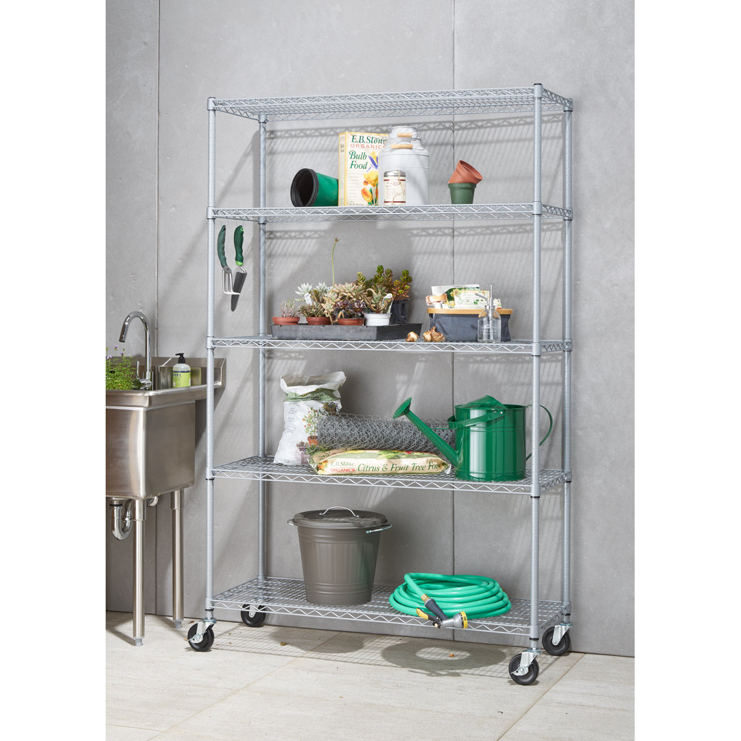 TRINITY Gray 5-Tier Rolling Steel Outdoor Wire Shelving Unit w/ Wheels (48 in. W x 18 in. D) Trinity