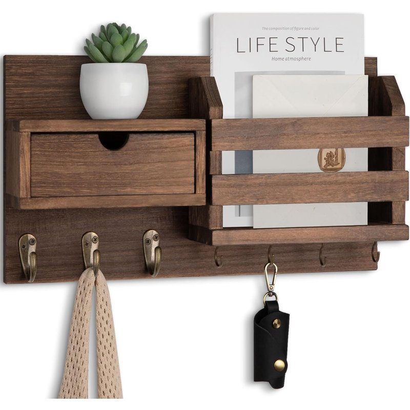 Paulownia Wood Wall Mount Key & Mail Organizer - 7 Metal Hooks, Entryway Decor with Storage Drawer