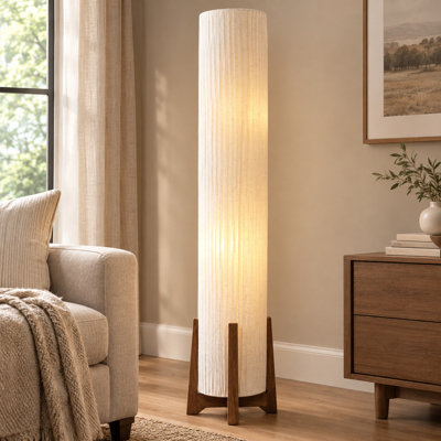 Lampadaire plissé organique moderne de 137 cm avec base en bois massif couleur noyer, 2 ampoules DEL et interrupteur au pied