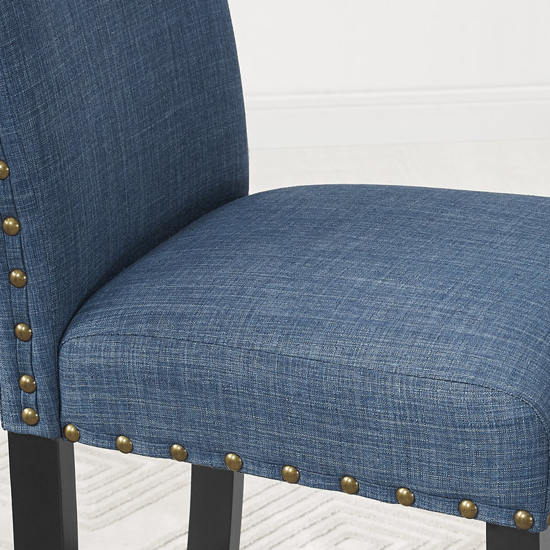 Tabourets de bar en tissu bleu avec garniture cloutée, paire - structure en bois franc, assise en lin et coton, finition foncée, 16 x 23 x 44, siège de 30 po H 2 tabourets, garniture en bois franc massif, lin / coton 16 po x 23 po x 44 po, H 30 po