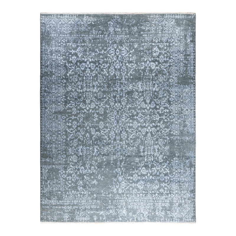 Tapis noué à la main de conception unique Ikat - bleu, 9 pi 2 po x 12 pi 3 po