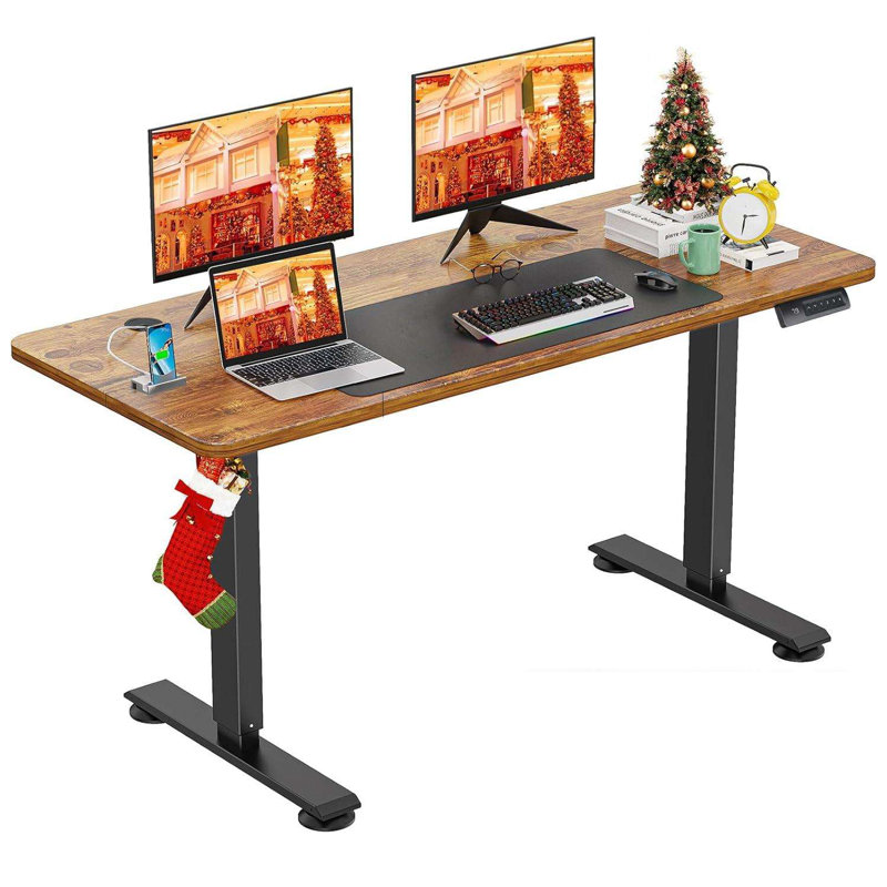 Bureau debout à hauteur ajustable électrique Hubing avec 2 ports USB et 3 prises de courant, 4 roulettes verrouillables, 2 crochets, grand tapis de souris