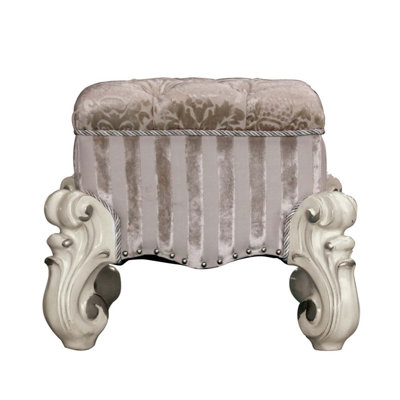 Tabouret de coiffeuse Versailles, tissu ivoire et finition blanc os