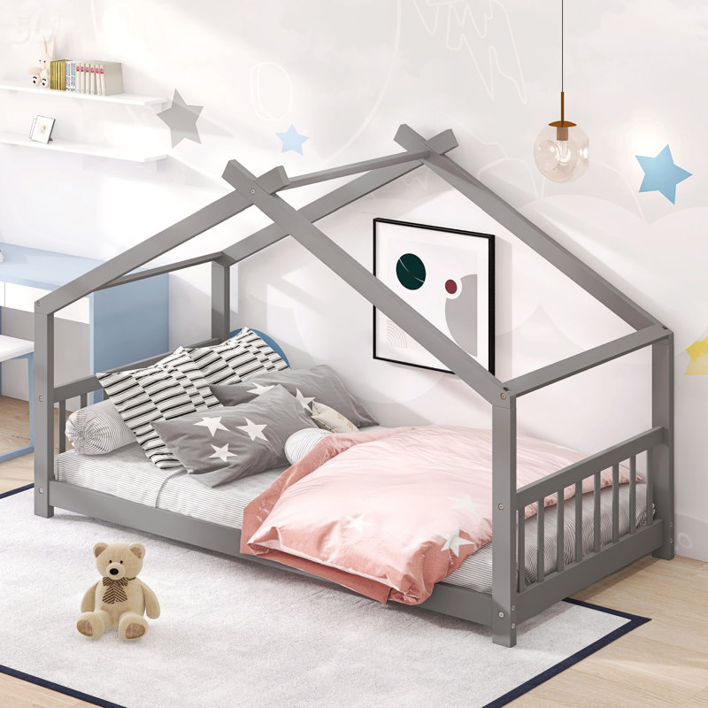Lit simple en bois, gris, lit