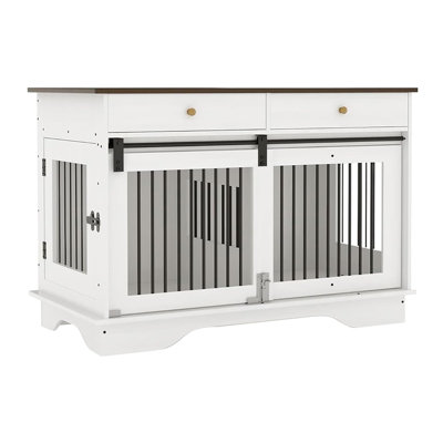 Meuble double pour 2 chiens, cage intérieure pour chien de 47 po avec séparateur amovible et 2 tiroirs de rangement, meuble télé décoratif pour petits et moyens chiens