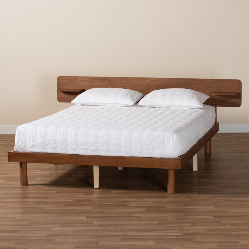 Morana Queen Walnut Brown Wood Platform Bed with Built-In Shelves