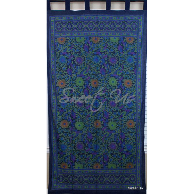 Daunta 100% Cotton Floral Semi-Sheer Tab Top Curtain Panel, Navy Blue