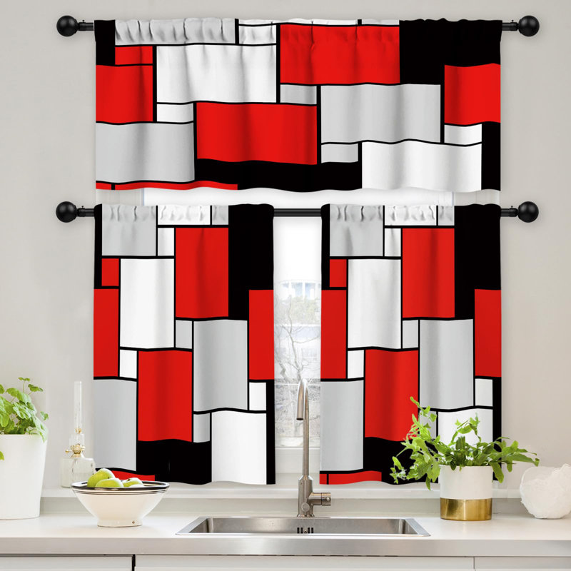 52'' W Rod Pocket Kitchen Curtain Valance and Tiers Set, Red
