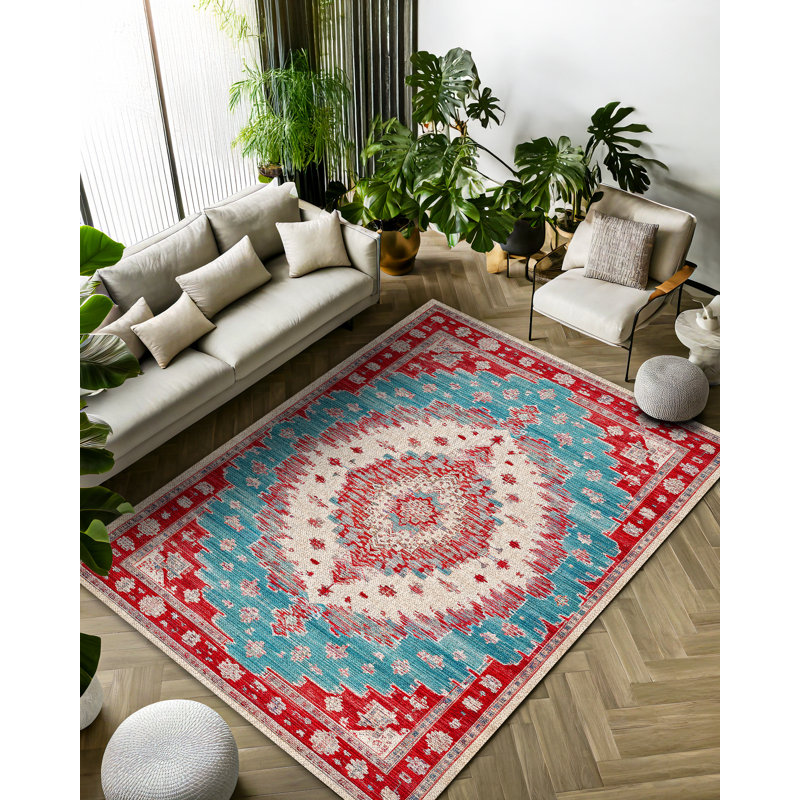 Gulustan Blue Red Oriental Machine Printed Cotton Polyester Area Rug, Runner 3'4" x 8'3"