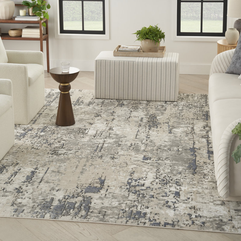 Fenster Abstract Modern Machine Woven Area Rug in Ivory/Blue/Gray, Rectangle 6' x 9'