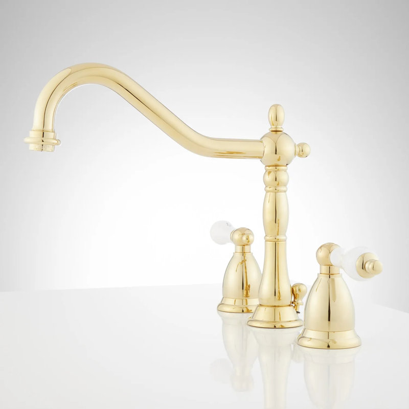 Victorian Widespread Bathroom Faucet with Porcelain Lever Handles, Polished Brass