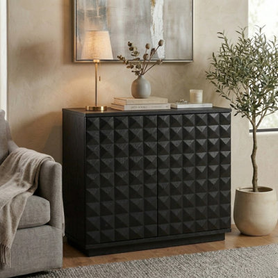 2 Door Storage Cabinet, Solid Wood Accent Cabinet with Hand-Carved 3D Doors, Modular Storage System, Expandable Cabinet for Living Room & TV Stand, Easy Assembly, Burnt Black