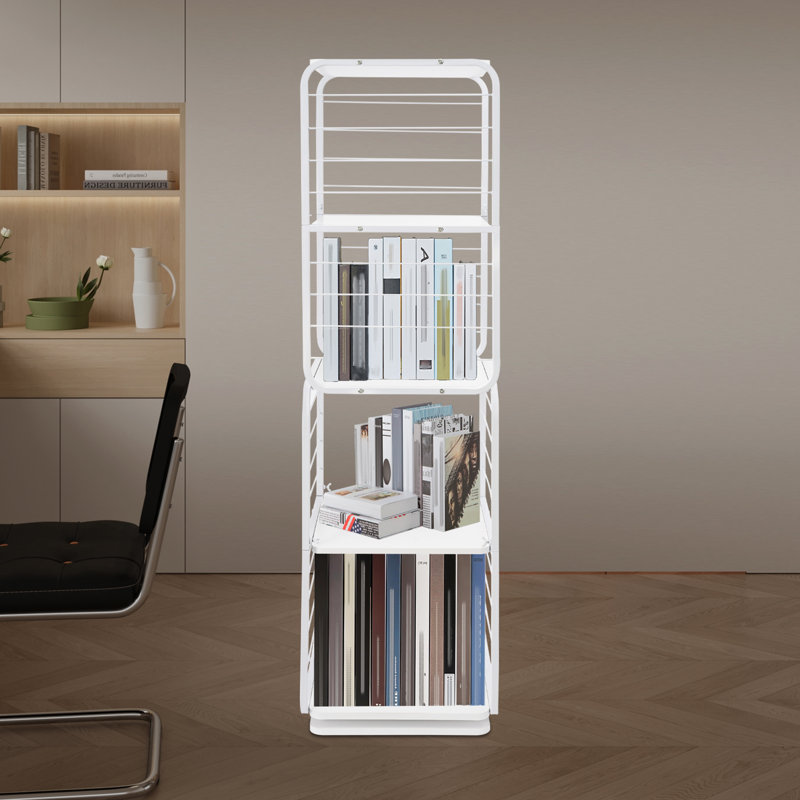 4-Tier Rotating Bookshelf Rectangular Floor Standing 360°Rotating Bookshelf for Bedroom Living Room, White