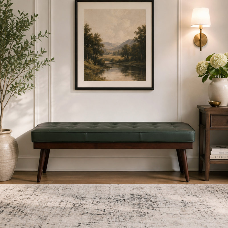 Mid - Century Modern Tufted Genuine Leather Bench with Solid Wood Legs, Green