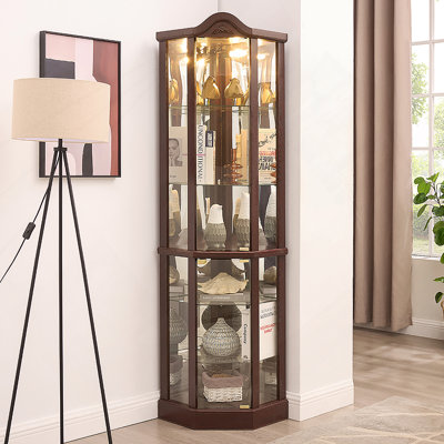 Exquisite Glass Corner Display Cabinet With Adjustable Shelves, Light Bar, And Carved Decoration For Showcasing Precious Items