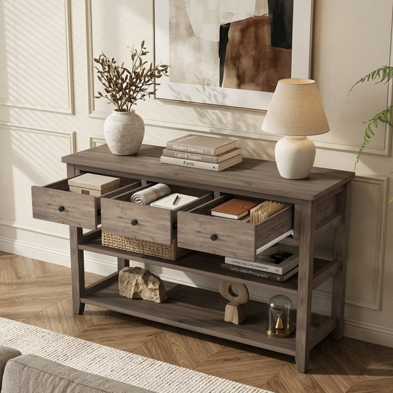 Nibbi 47" Console Table with 3 Drawers and 2 Open Shelves, Narrow Entryway Sofa Table for Hallway and Living Room